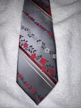 7th Ave by Liebert Gray Tie with Red Floral Stripe - Men's Accessory